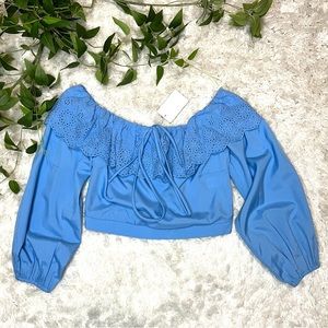NWT Krush Baby Blue Sky Blue Ruffle Off Shoulder Crop Top Size Small